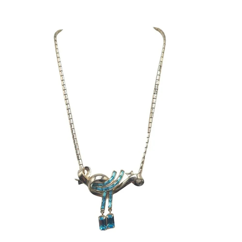 Coro Necklace Blue Rhinestones Dangle Art Deco Style Mid Century Necklace